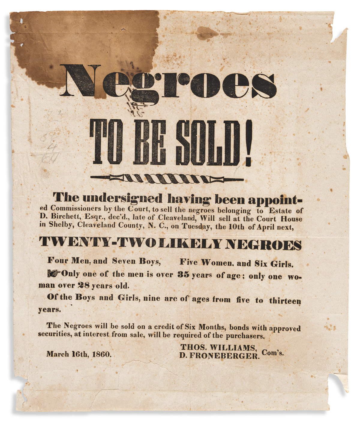 (SLAVERY AND ABOLITION.) Negroes to be Sold! . . . Twenty-Two Likely Negroes.
